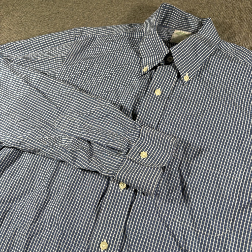 Brooks Brothers Milano Dress Shirt Mens 15.5-35 Blue White Micro Check Non-Iron